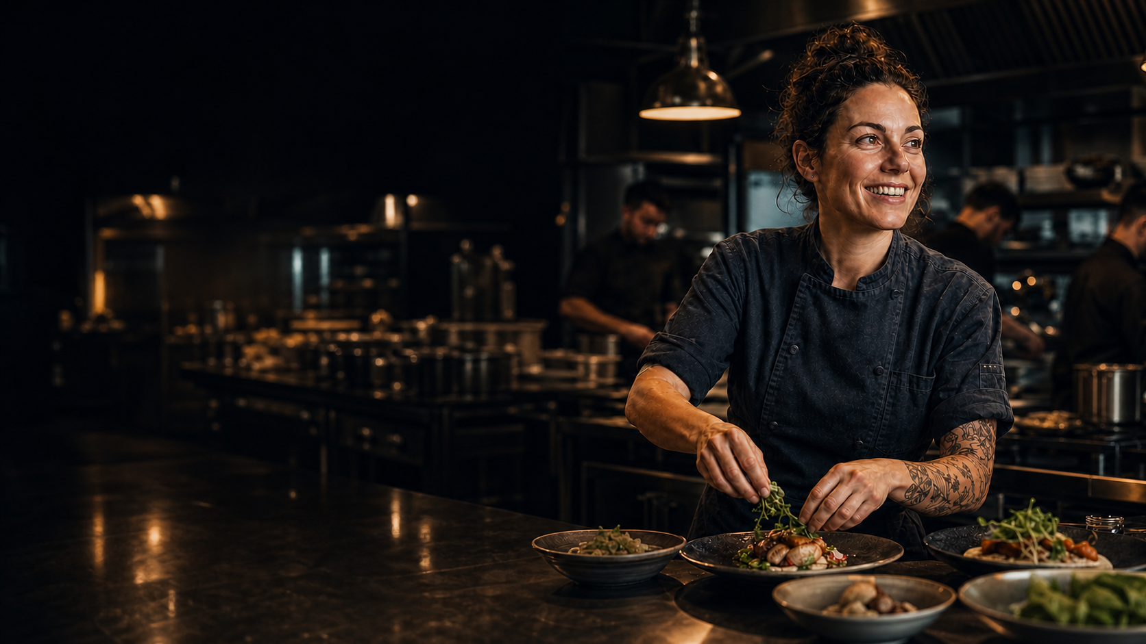 A restaurateur plating dishes while her kitchen team works through service