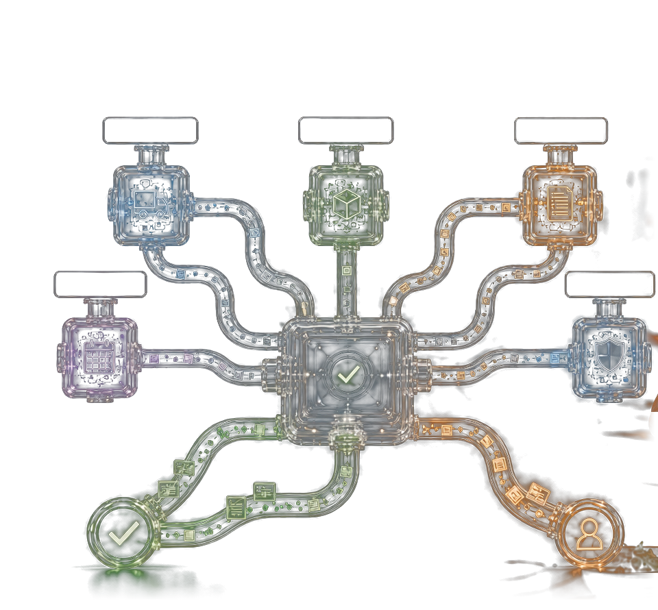 Five specialist AI agent modules connected to one governance hub and two controlled execution routes