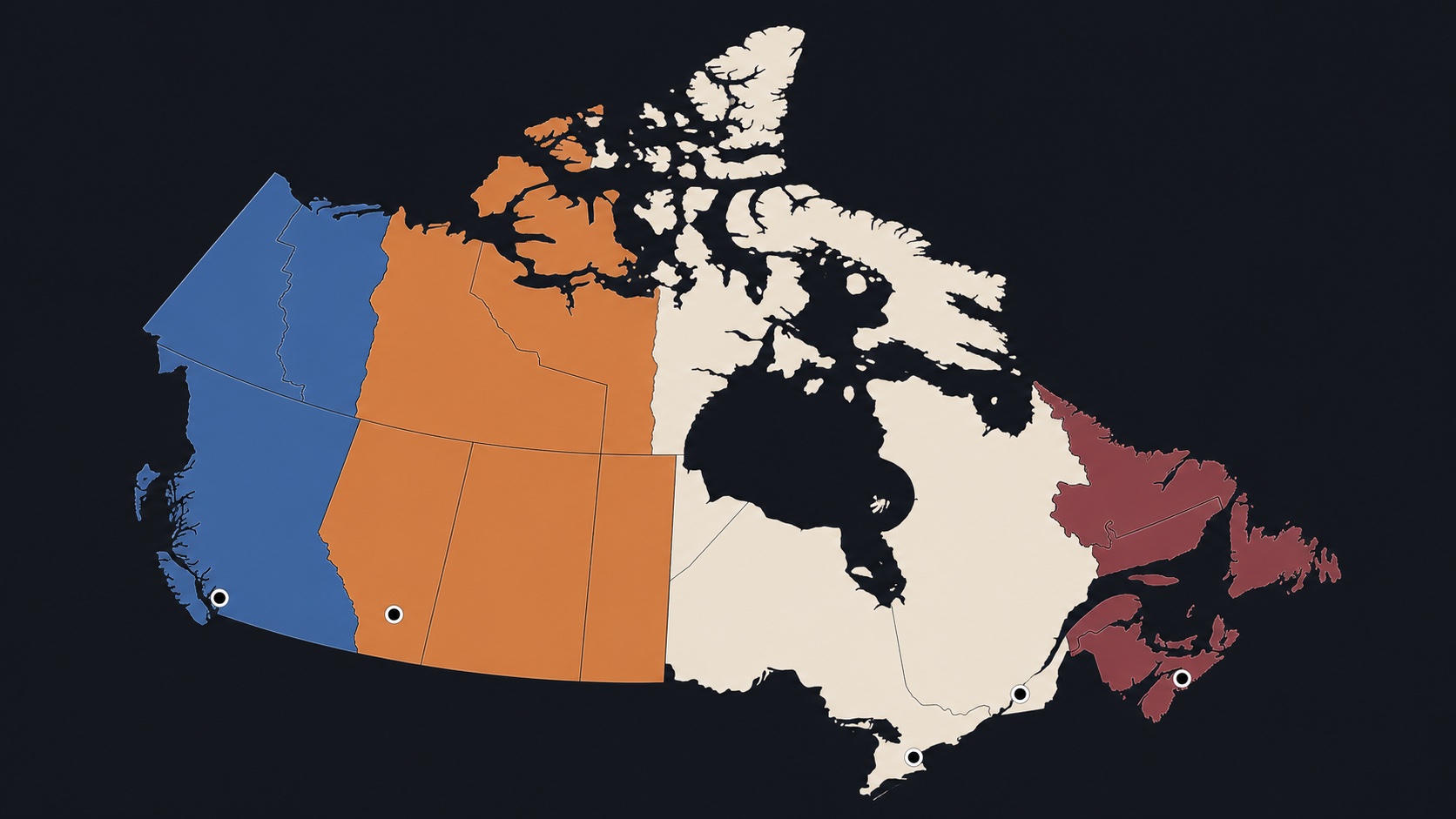 Concept map of four example ProgressorAI service territories across Canada
