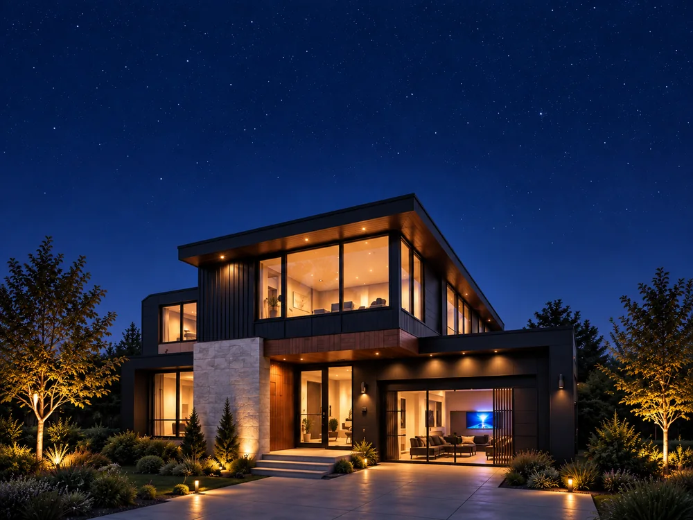 Demonstration Northline house at dusk with warm illuminated windows