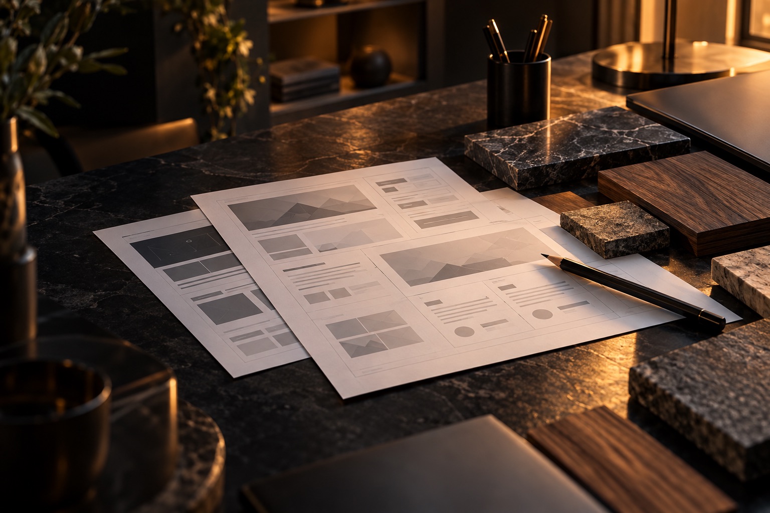Website layouts and material samples on a design studio desk